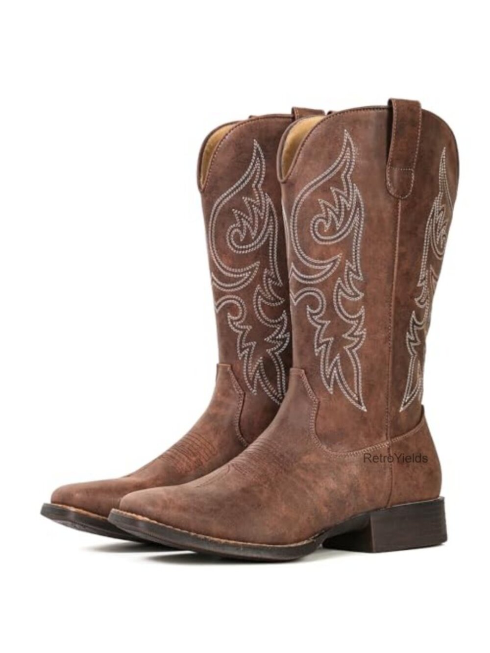 Women's Square Toe Mid-Calf Western Boots Faux Leather Pull-On Block Heel